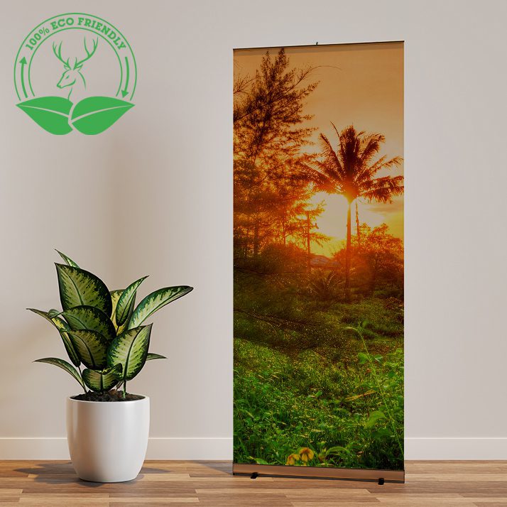 Two roll up banner mockup in interior scene with a plant in the Selfie Frame